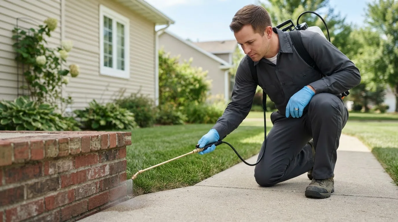 Pest control technician treating a home near West Haven, CT